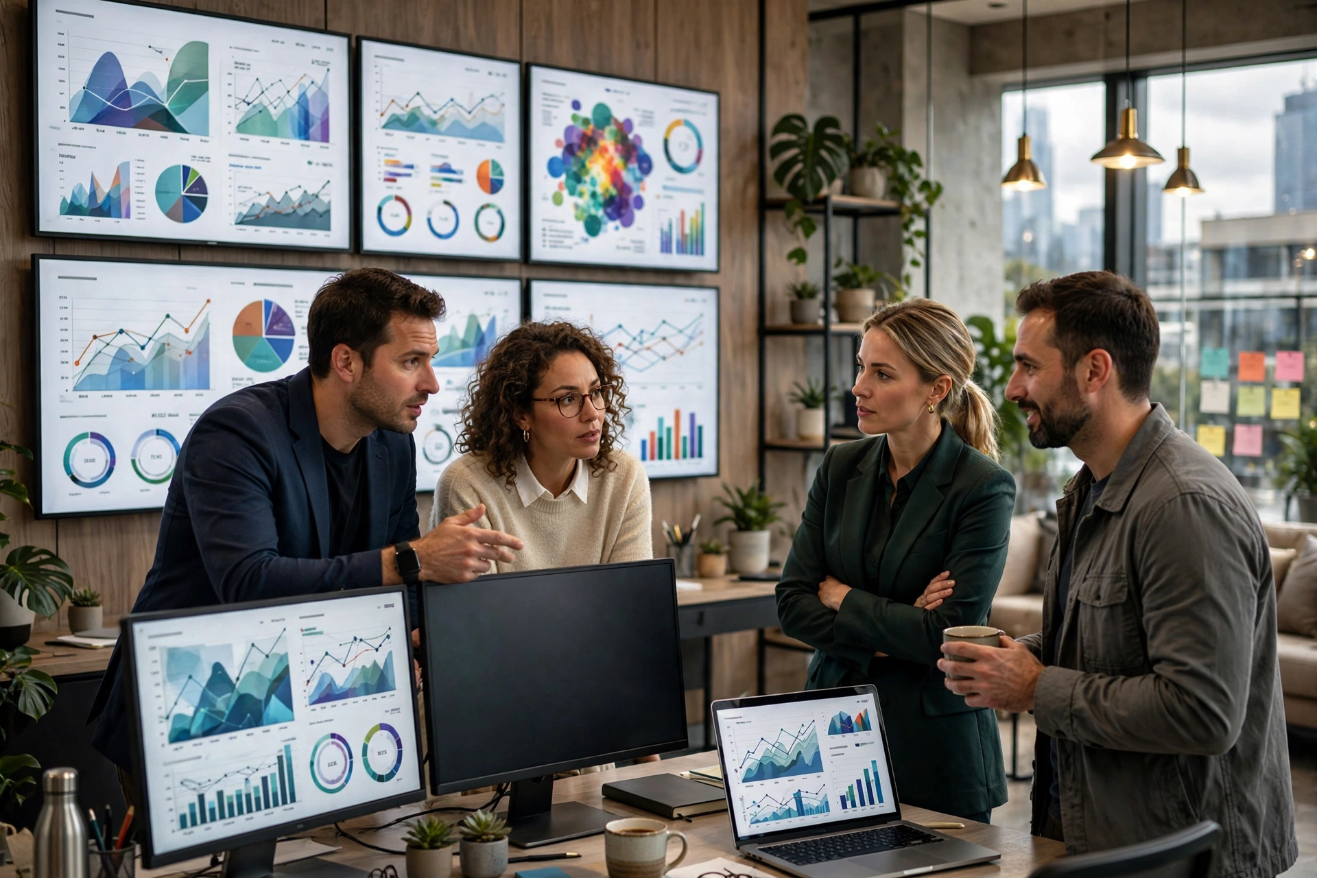 Digital marketing team analyzing performance metrics